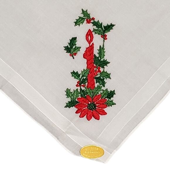 VINTAGE CHRISTMAS CANDLE POINSETTIA HANDKERCHIEF MADE IN SWITZERLAND EMBROIDERED - Picture 2 of 9